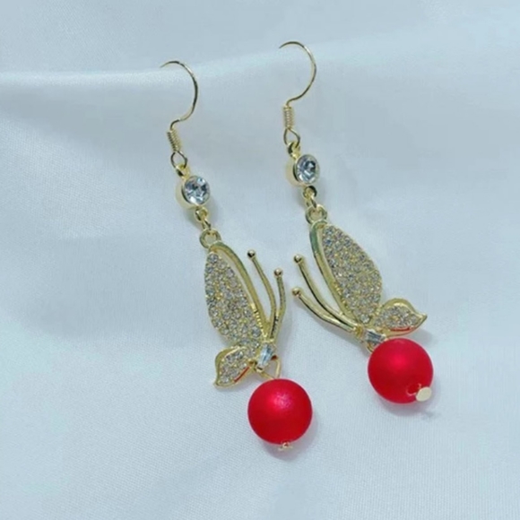 🎀18k/925 Sparkling Butterfly Red Pearl Drop - Picture 3 of 5